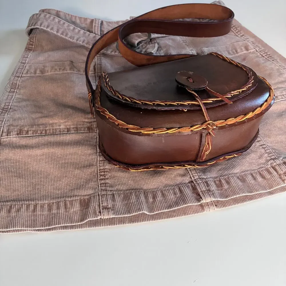 Vintage Handmade Brown Leather Saddle Bag Crossbody | Boho Western Artisan Purse - Picture 14 of 16